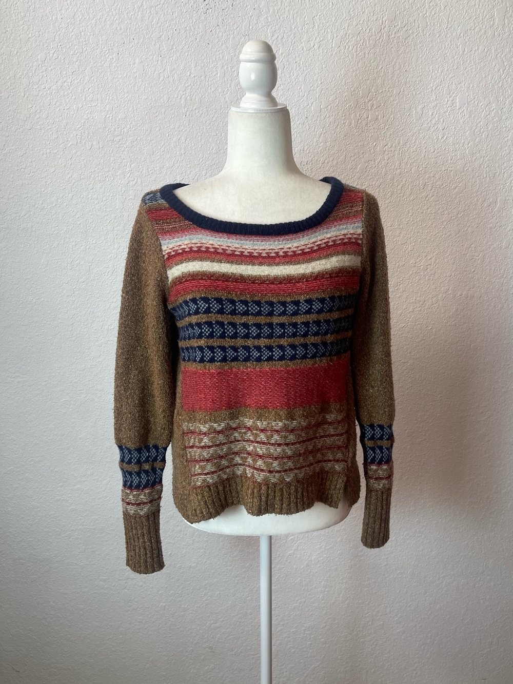 Anthropologie sparrow brown multi-patterned lambs wool blend knit sweater size S